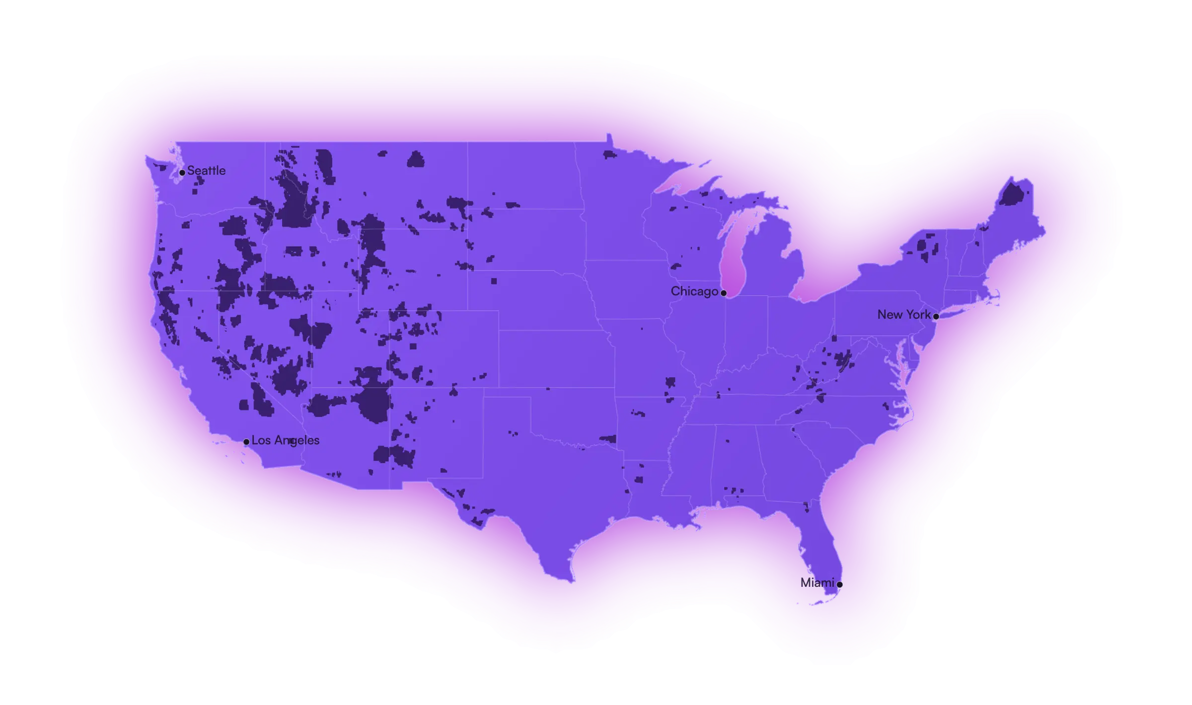 Map of the United States shaded to show Vetra's nationwide 5G coverage