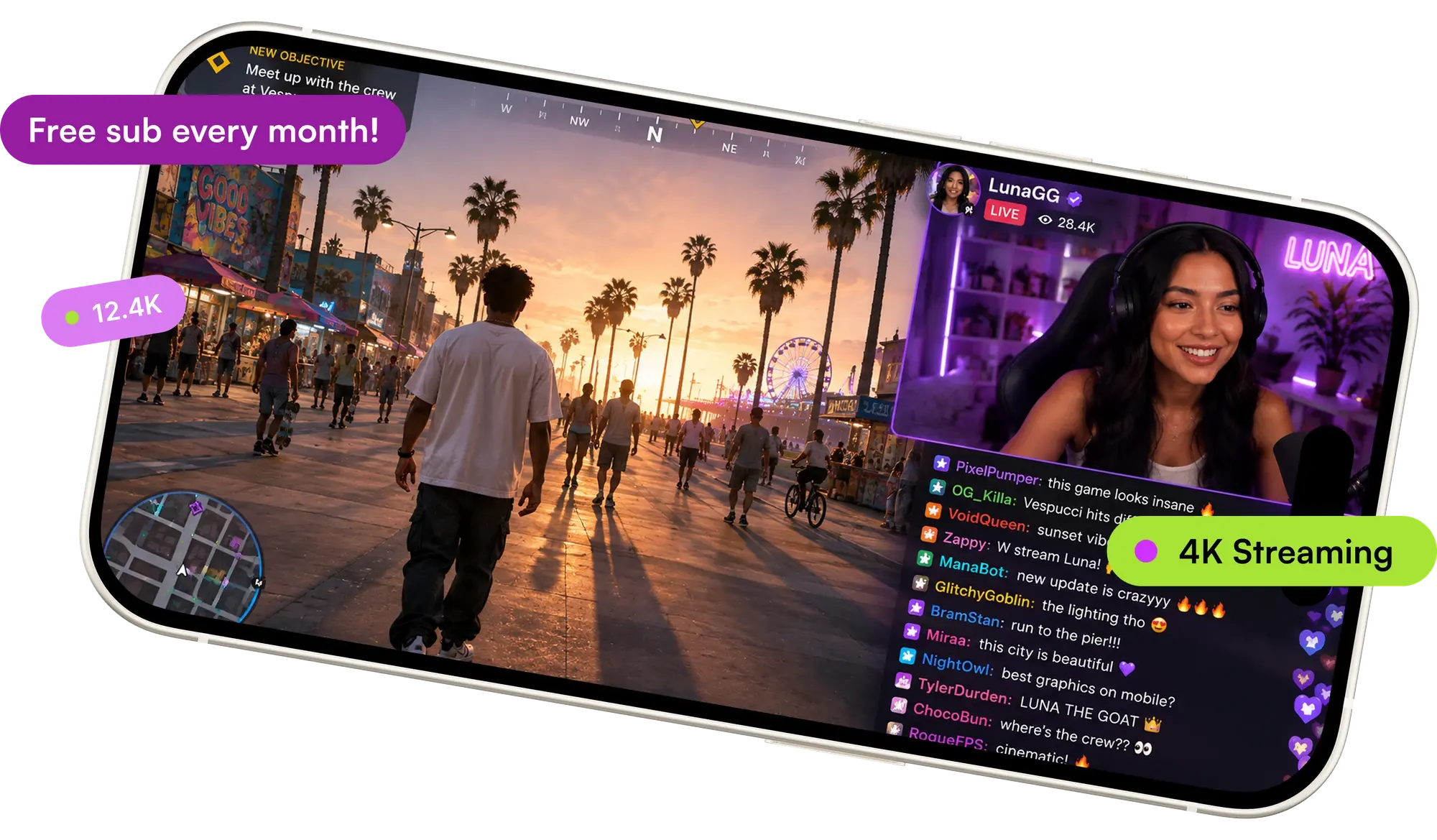 Phone running a mobile game alongside a creator's live stream, with Vetra perks like a free monthly sub and 4K streaming