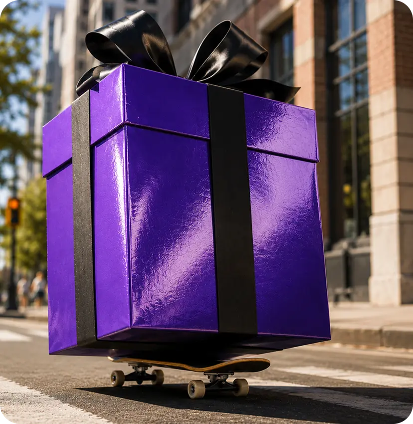 A large purple Vetra gift box rolling down a city street on a skateboard