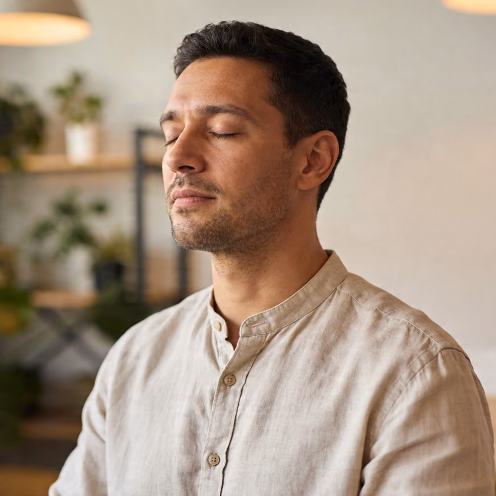 Person with eyes closed, calm expression, bathed in warm sunset light