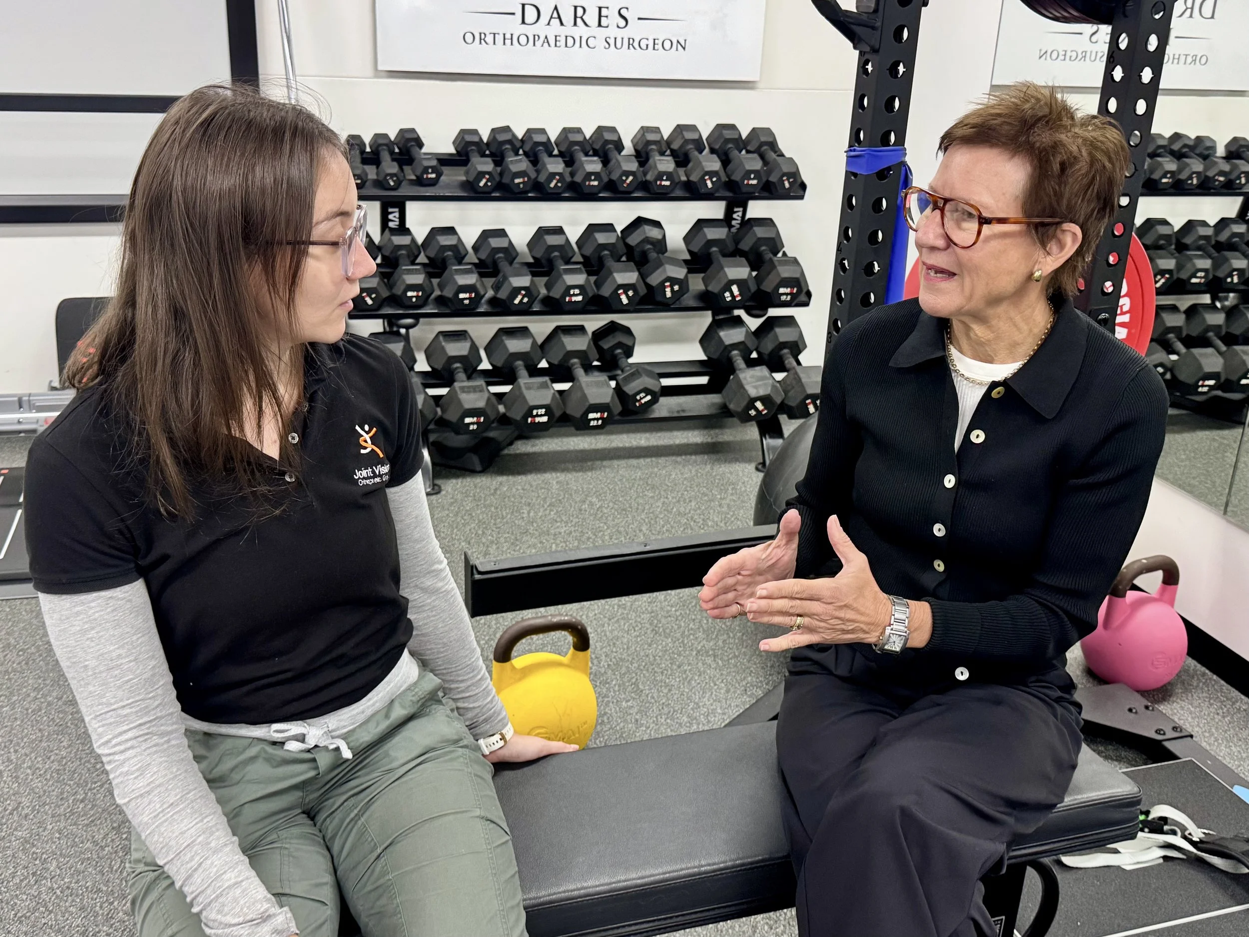 Joint Vision dietitian Sally Livock with Exercise Physiologist Caitlin Beatty discussing nutrition, exercise and healthy lifestyle goals