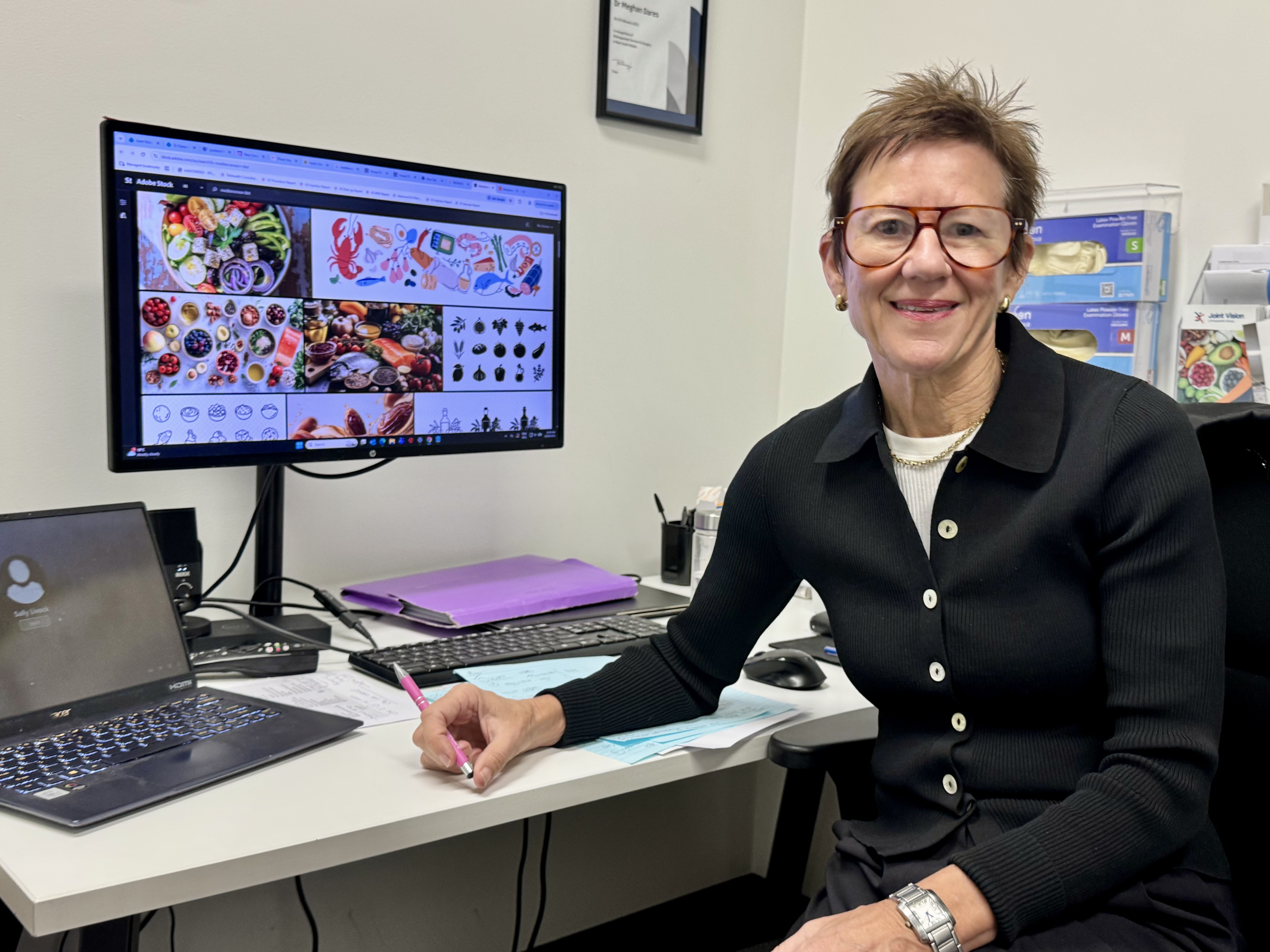 Joint Vision dietitian Sally Livock in her consultation room discussing nutrition and emotional eating.