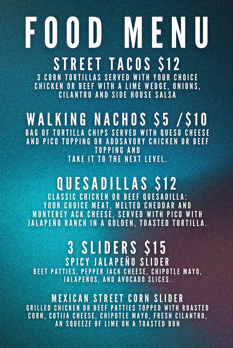 Coba food menu with street tacos $12, walking nachos $5 and $10, quesadillas $12, and three sliders $15.
