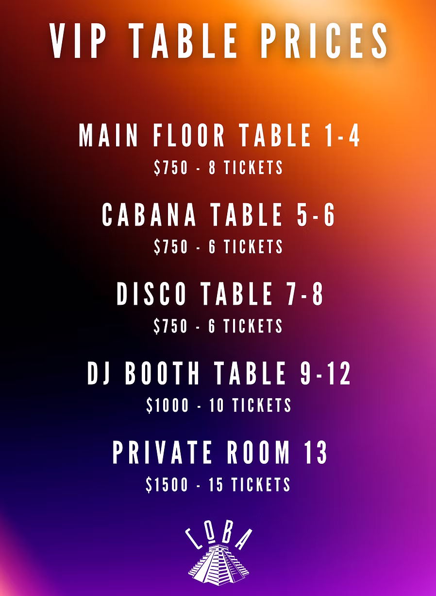 Coba VIP table prices for main floor tables 1 to 4, cabana tables 5 and 6, disco tables 7 and 8, DJ booth tables 9 to 12, and private room 13.