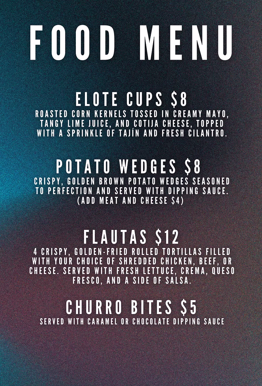 Coba food menu with elote cups $8, flautas $12, potato wedges $8, and churro bites $5.