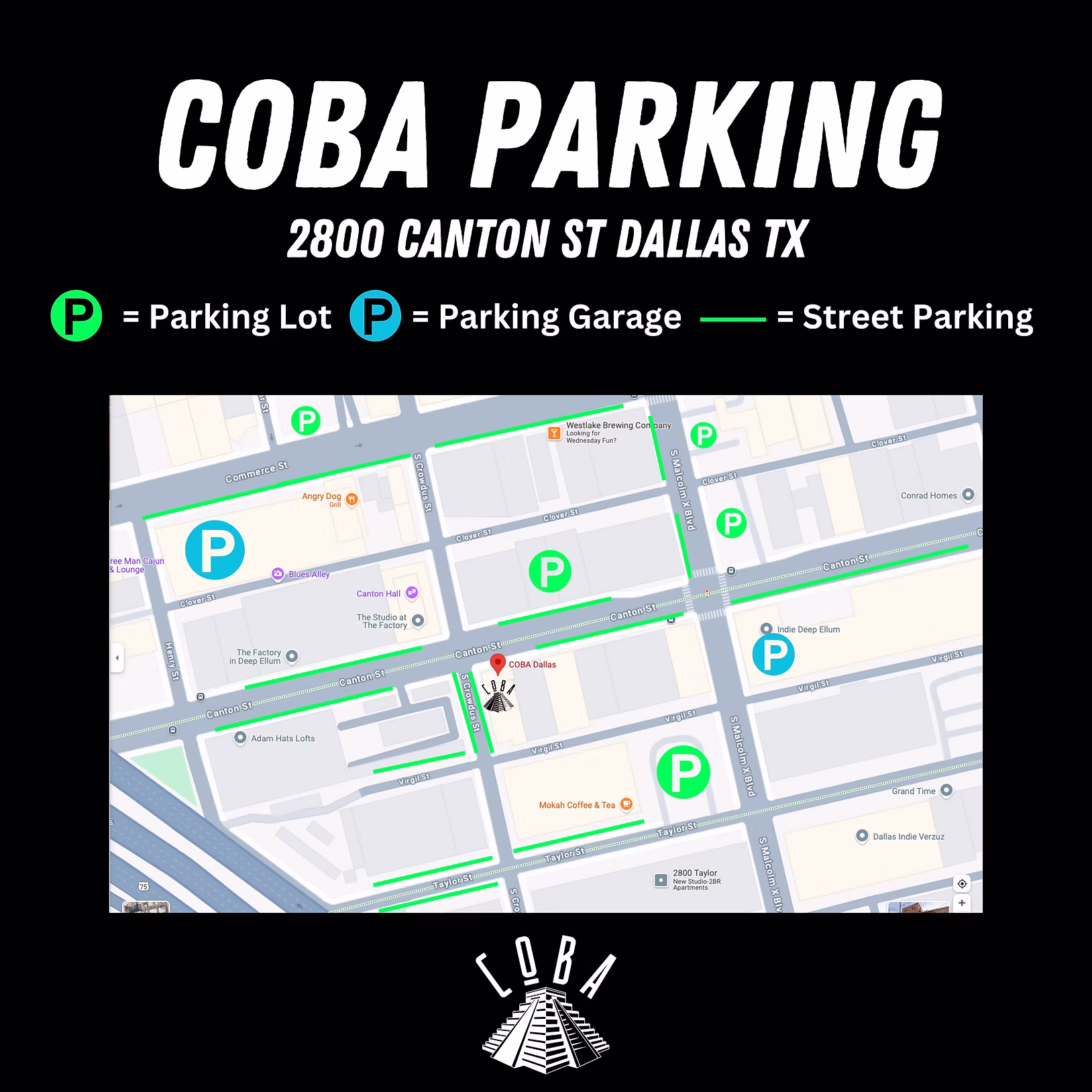Coba Parking map for 2800 Canton St, Dallas TX, showing nearby parking lots, parking garages and street parking.