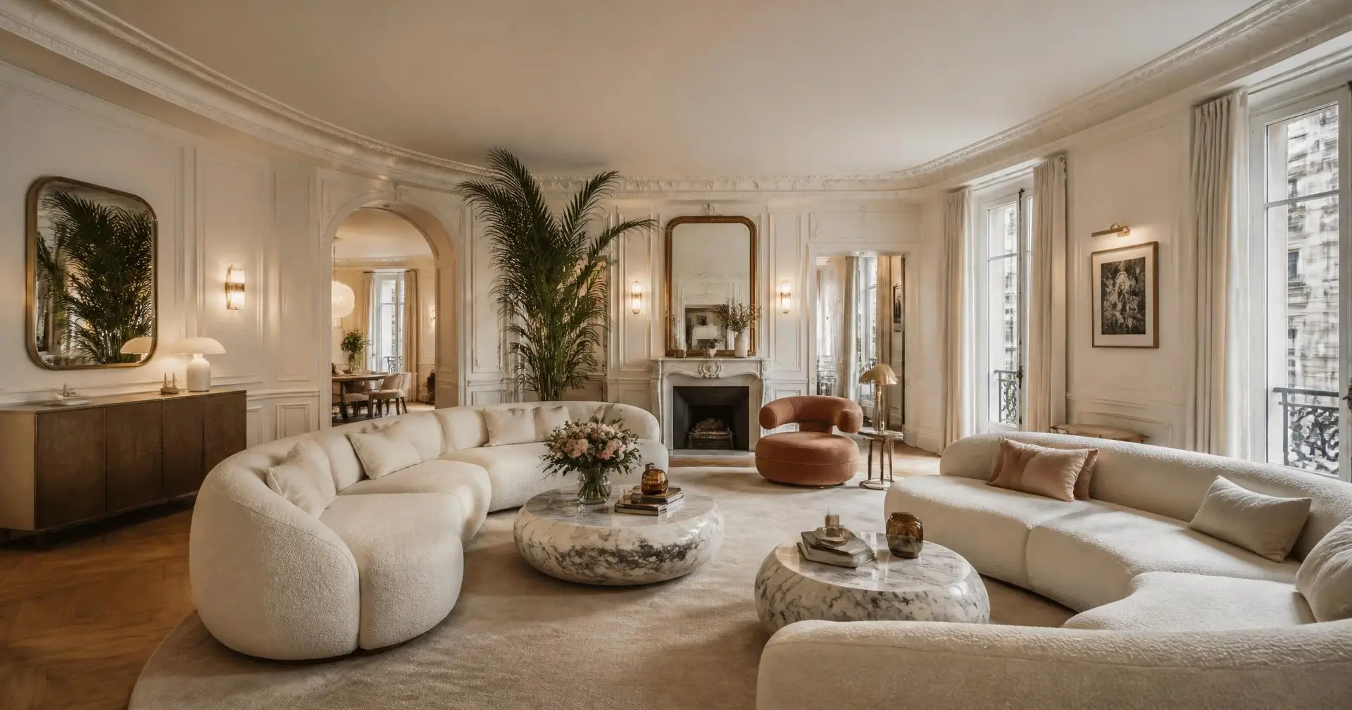 Reception salon with curved cream bouclé sofas, marble coffee tables and a period fireplace, opening onto the adjoining room