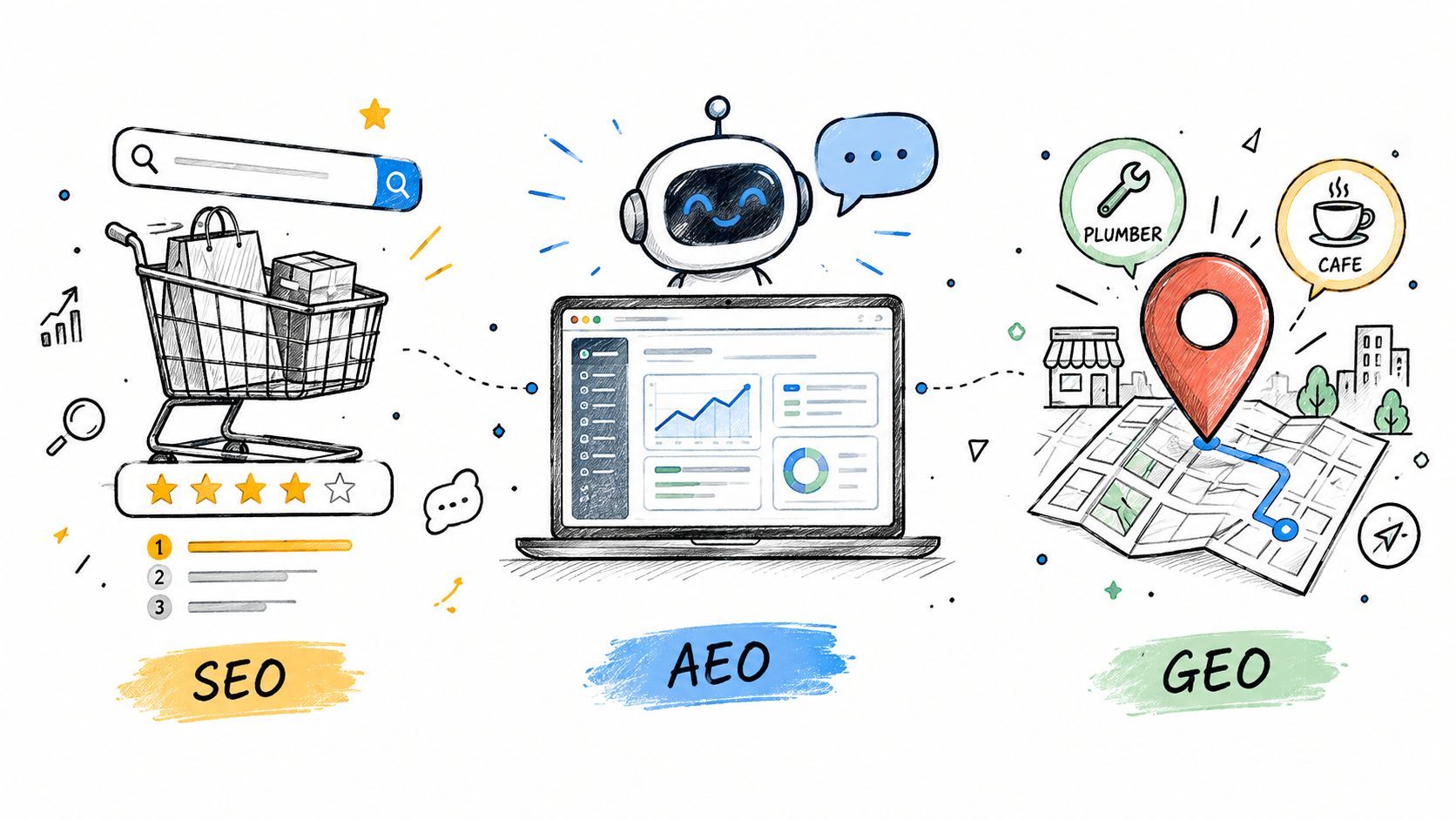 A hand-drawn illustration depicting the concepts of SEO, AEO, and GEO, featuring a shopping cart, a bot, and map pins.