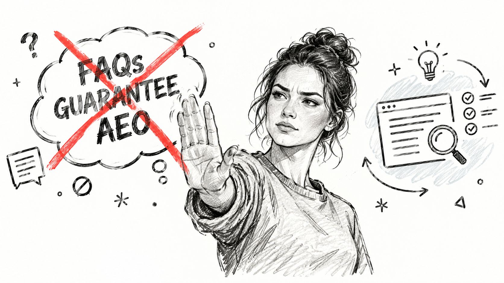 A pencil sketch of a woman gesturing stop with a crossed-out bubble saying FAQs guarantee AEO.