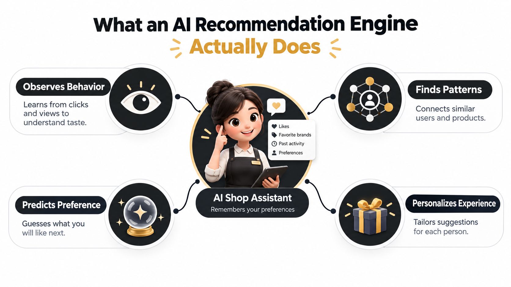 A diagram explaining how an AI recommendation engine observes behavior, finds patterns, predicts preferences, and personalizes experiences.