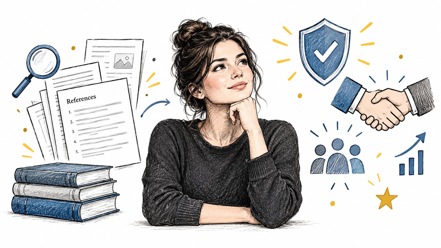 A thoughtful woman sitting at a desk with research documents, books, and icons representing trust and growth.