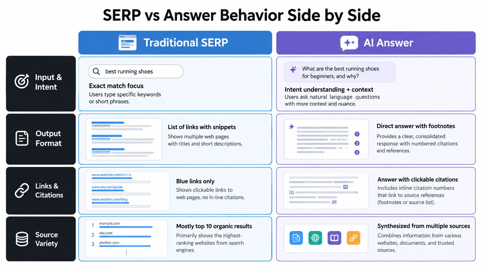 A comparison chart showing differences between Traditional SERP search results and modern AI generated answers.