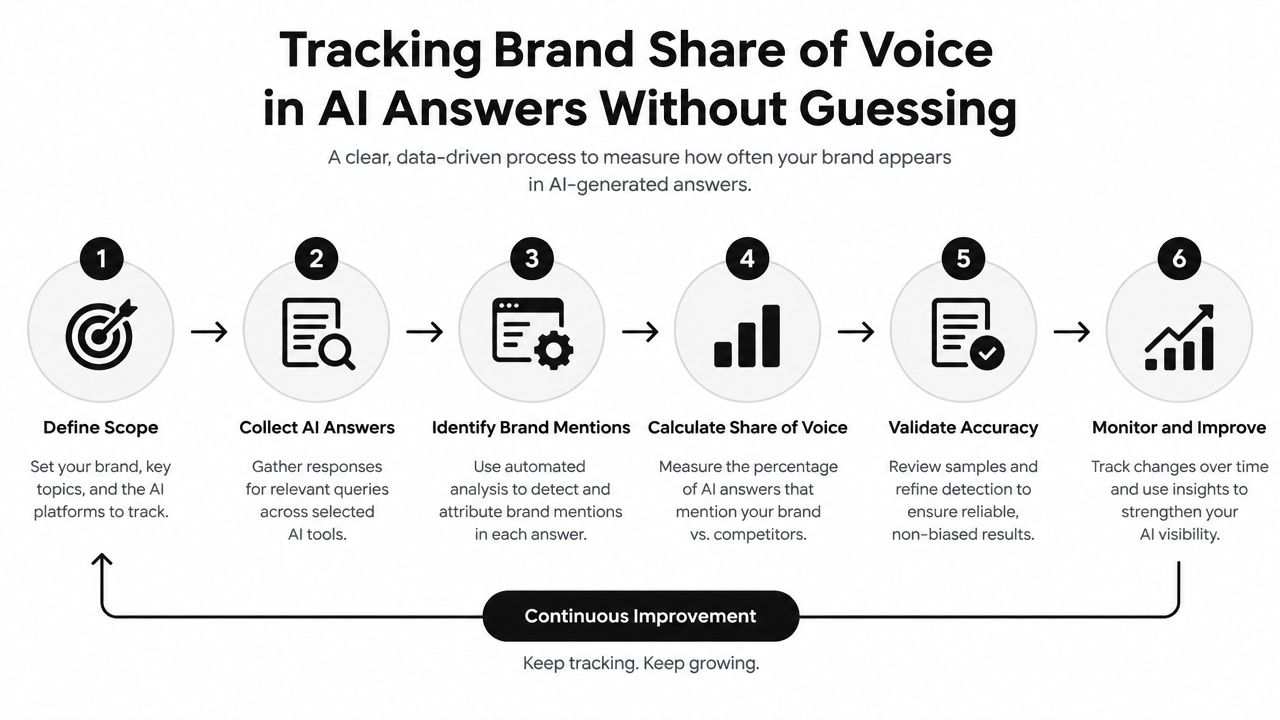 A six-step infographic illustrating a data-driven process for tracking brand share of voice in AI-generated answers.