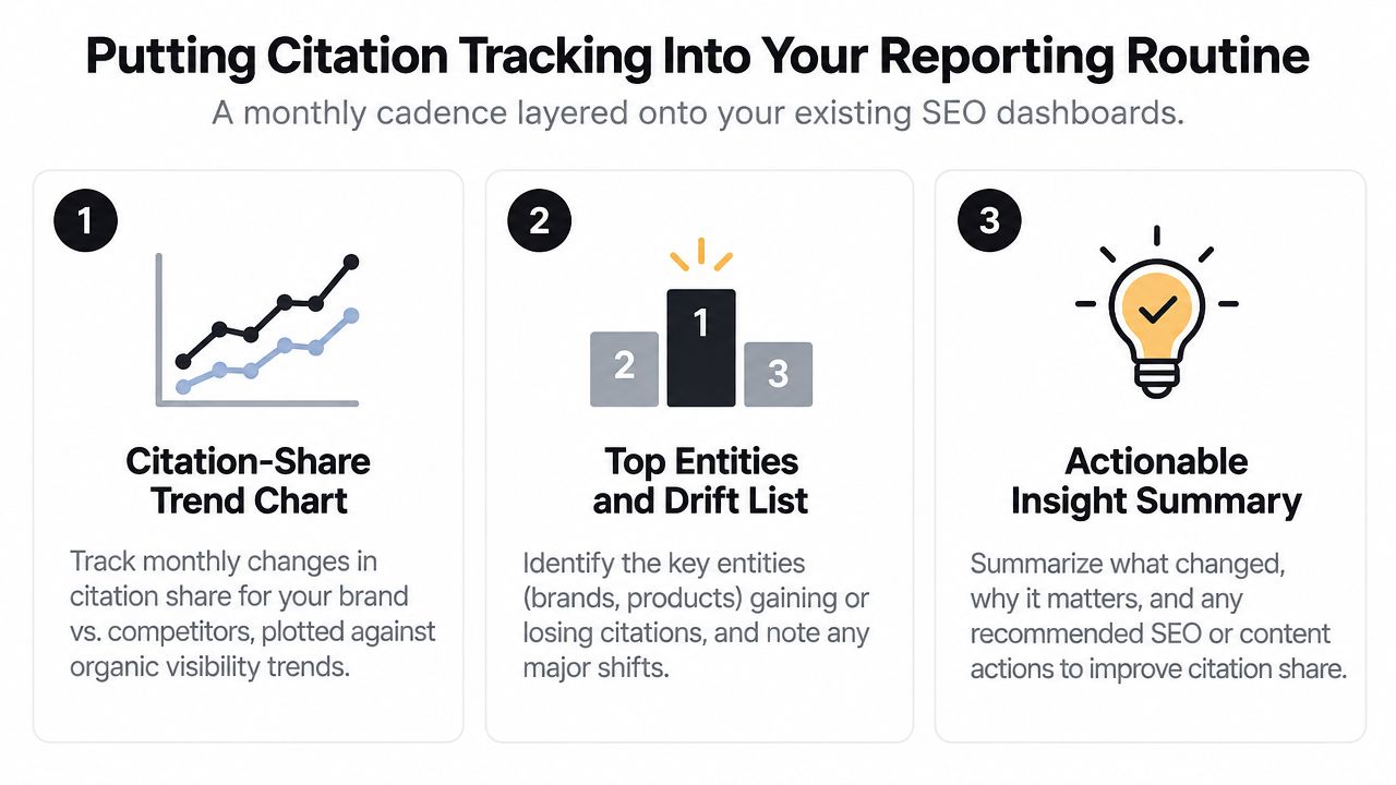 A diagram outlining a three-step routine for tracking brand citation share in monthly SEO reporting dashboards.
