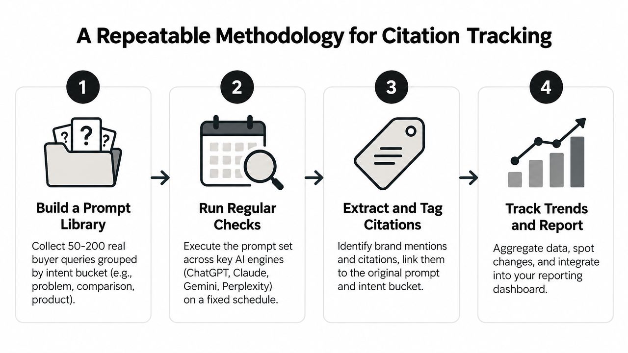 A four-step infographic illustrating a repeatable methodology for tracking AI brand citations and buyer intent queries.