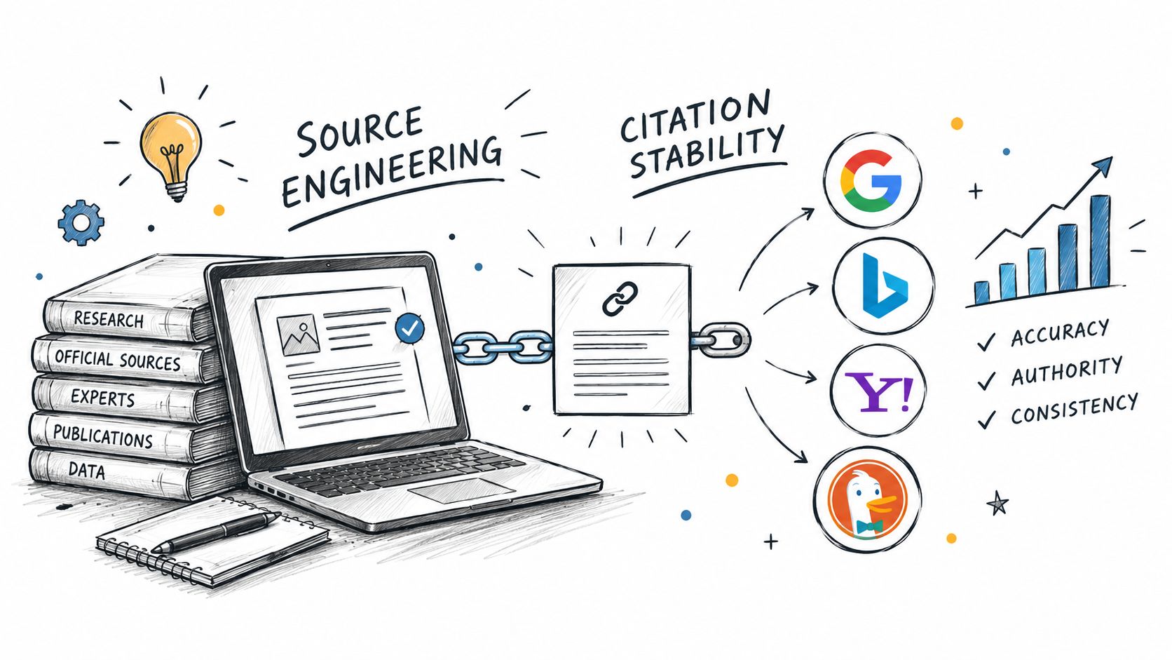 A hand-drawn illustration showing source engineering for AI answers, connecting research materials to search engine citations.