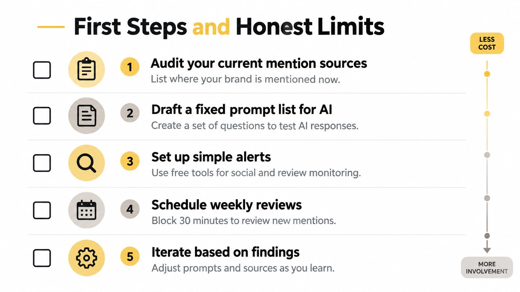 A checklist of five first steps for brand monitoring ranging from auditing sources to iterating based on findings.