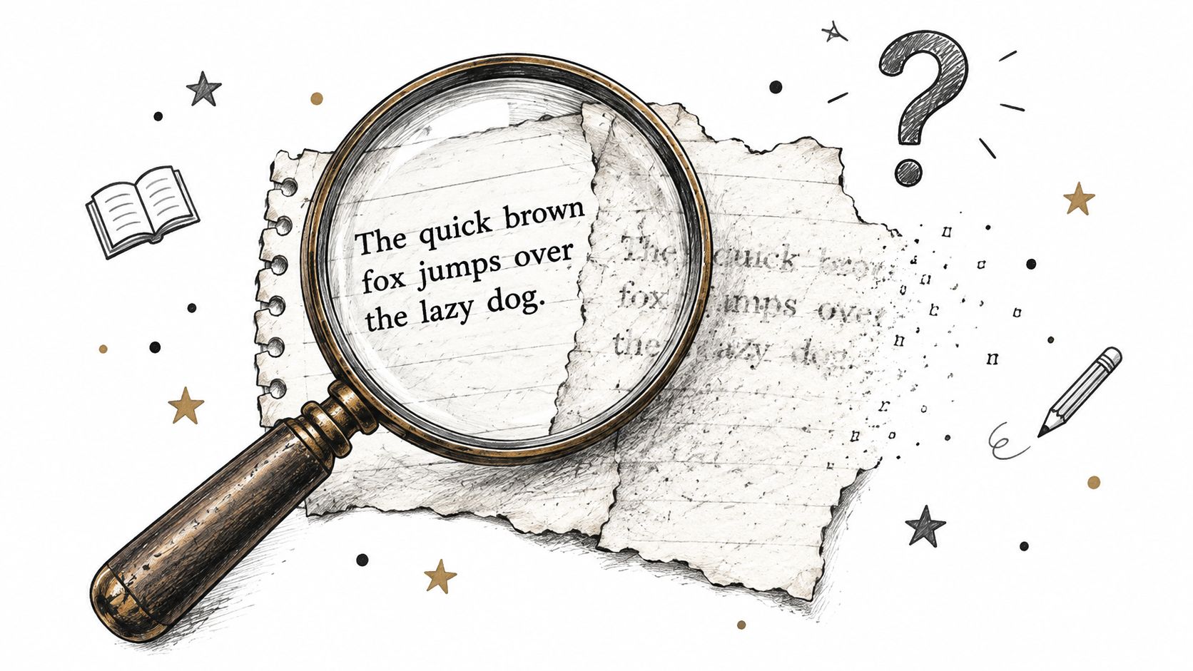 A magnifying glass focusing on the text the quick brown fox jumps over the lazy dog.