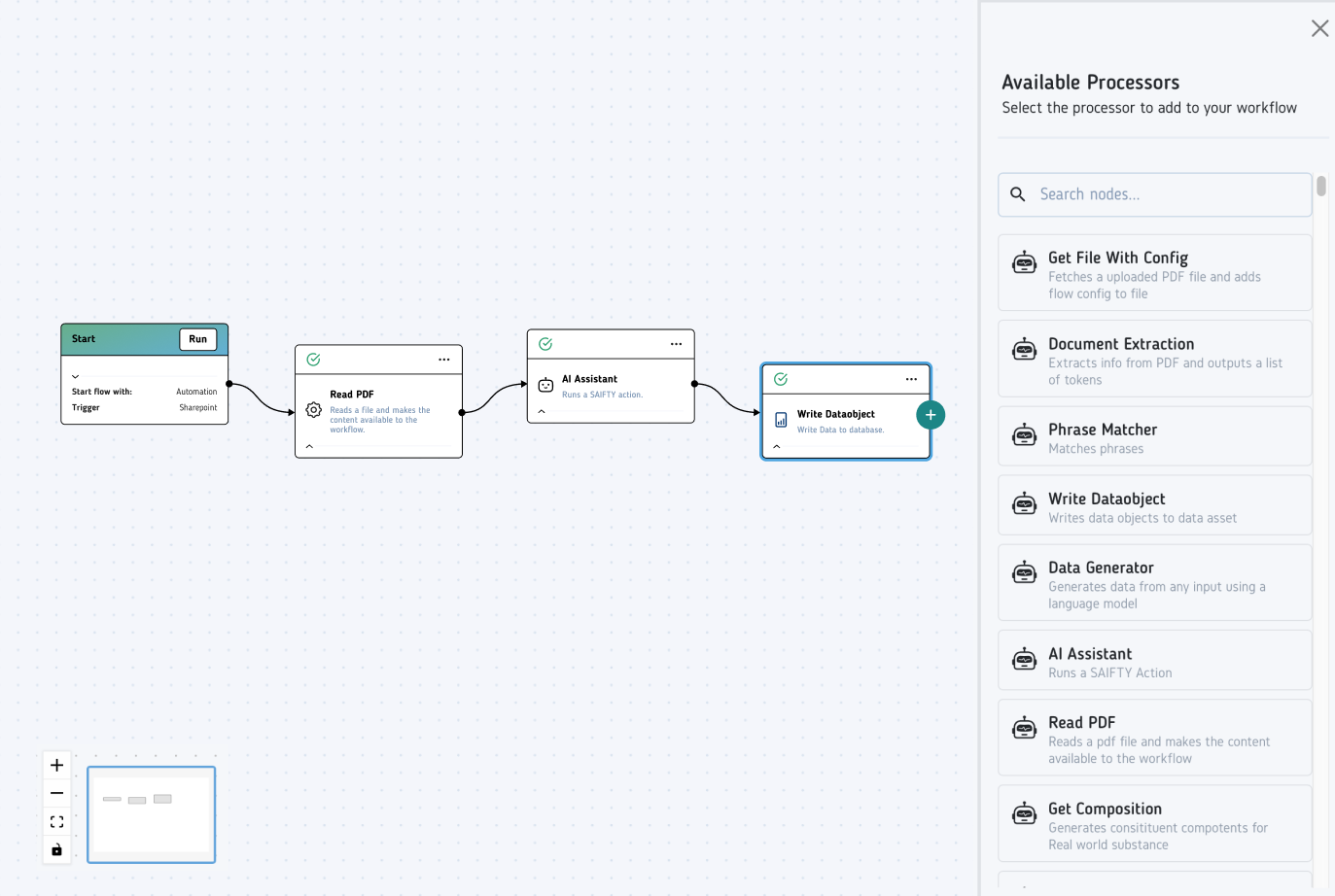 Microbrains UI with the visual Node Builder and available Processors.