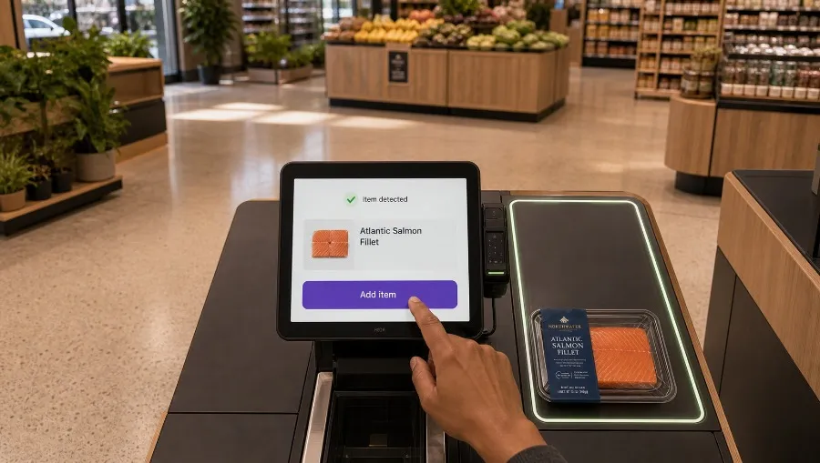 Self-checkout screen showing correction of a mis-scanned item.