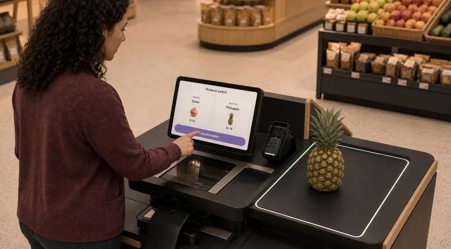 Self-checkout screen correcting a produce-switch mismatch.