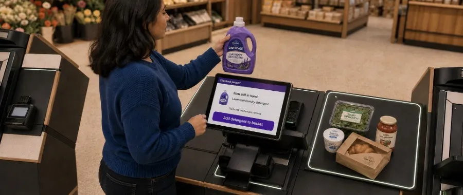 Self-checkout screen correcting an item left in the shopper’s hand.