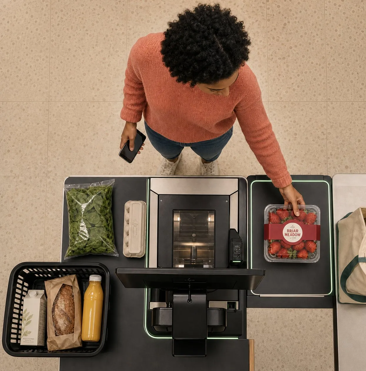 A shopper placing a punnet of strawberries on the self-checkout scale.