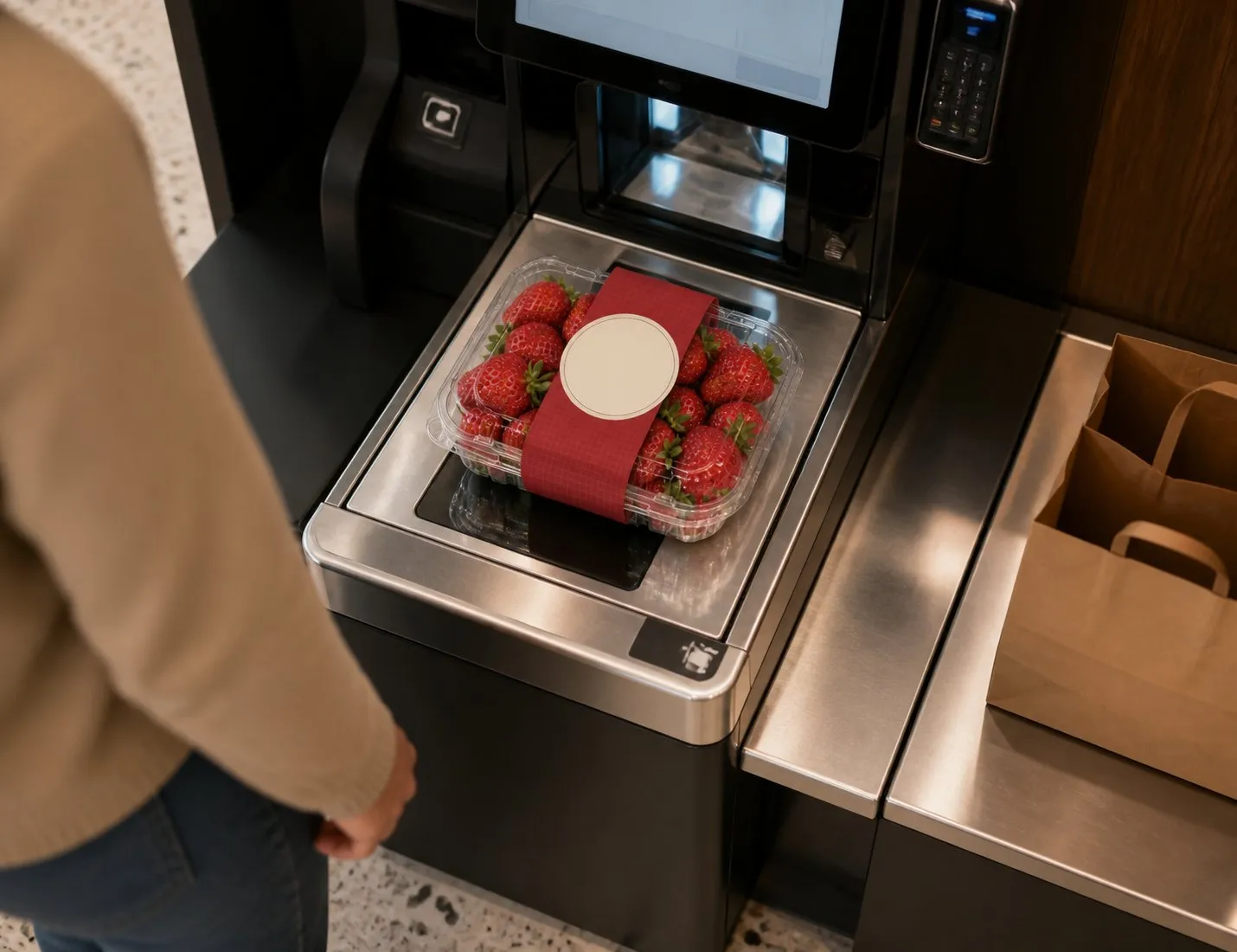 Strawberries on a checkout belt.