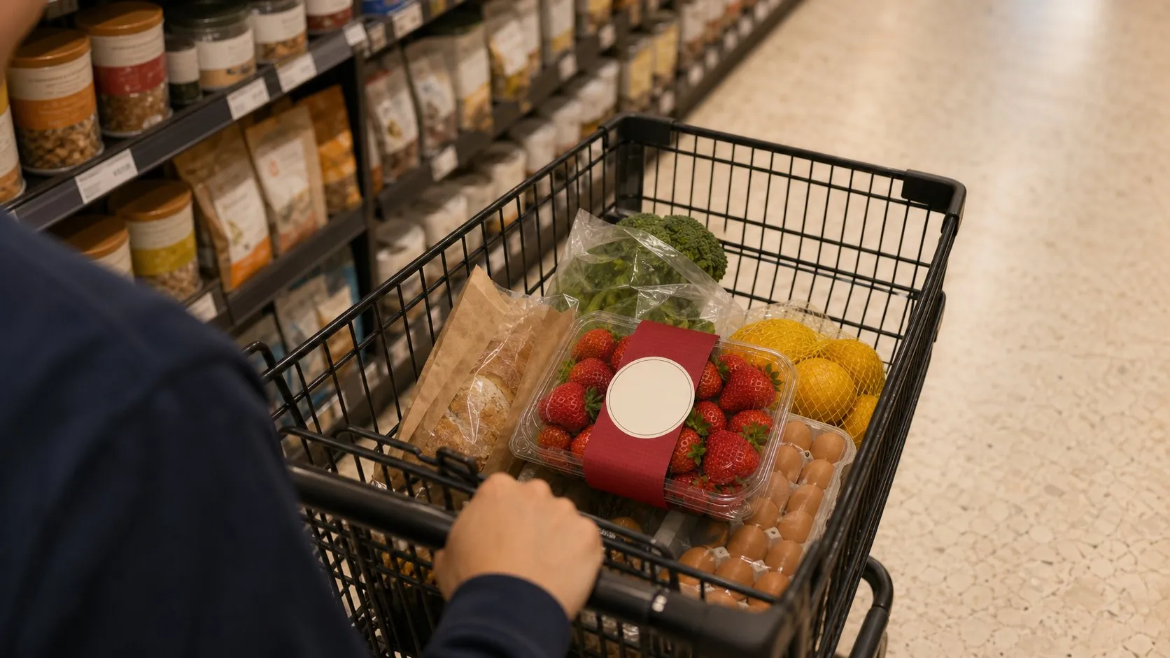Strawberries in a shopping cart.