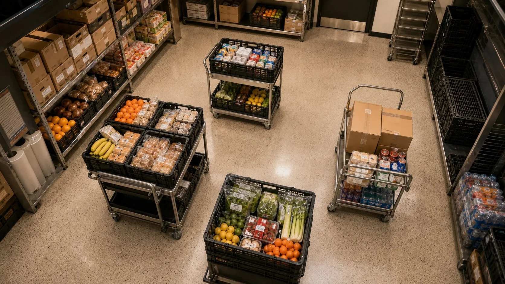Produce crates on a back-room trolley.