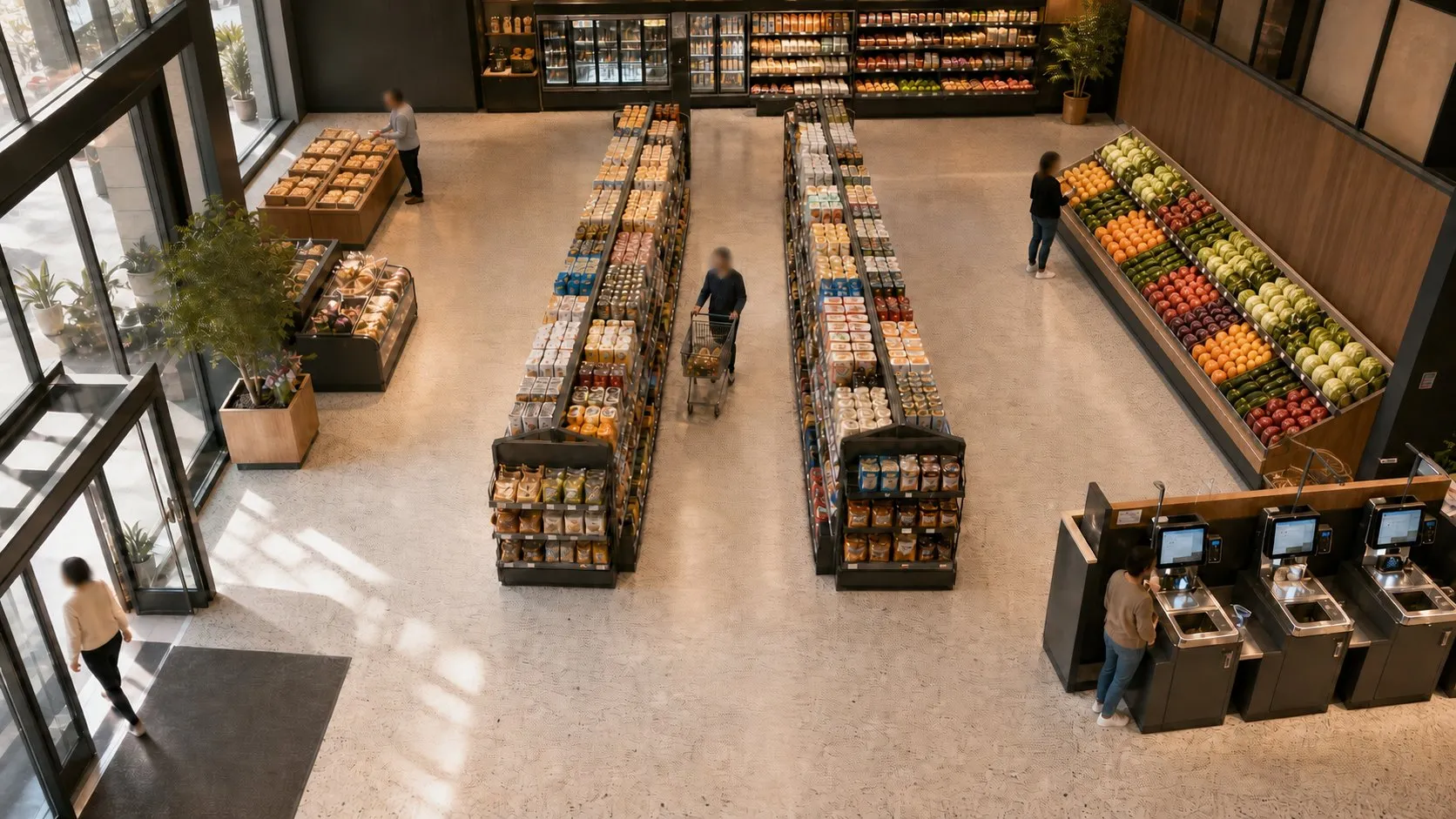 Shoppers moving through a store, each tracked as a separate identity.