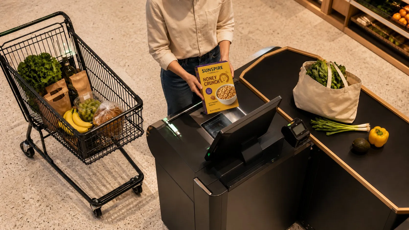 A shopper holding a cereal box at a self-checkout lane.