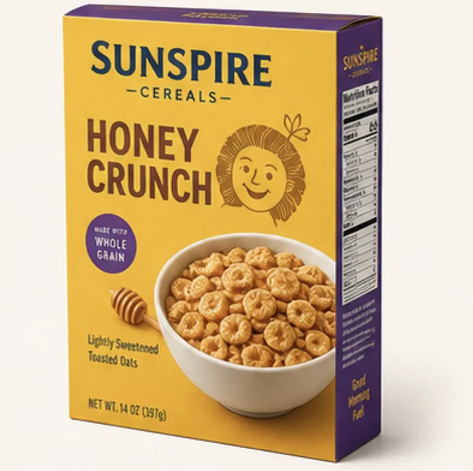 Sunspire Honey Crunch cereal box.