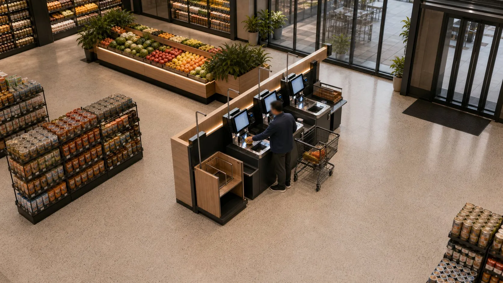 The same shopper at a self-checkout lane.