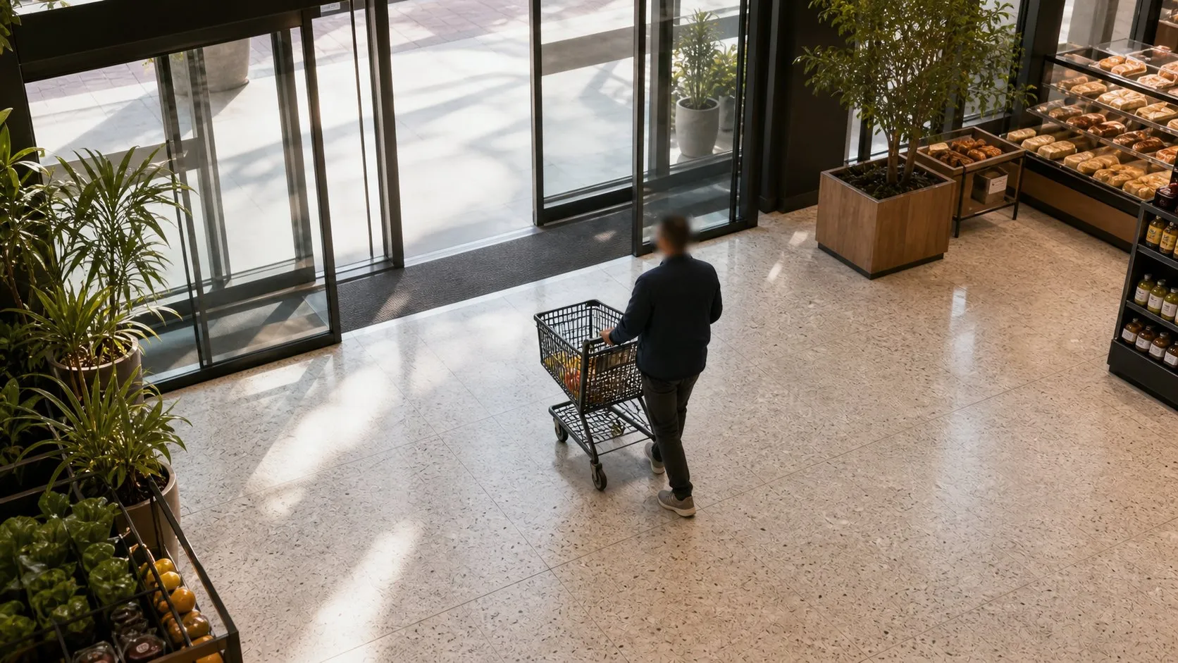 A shopper entering the store with a cart.