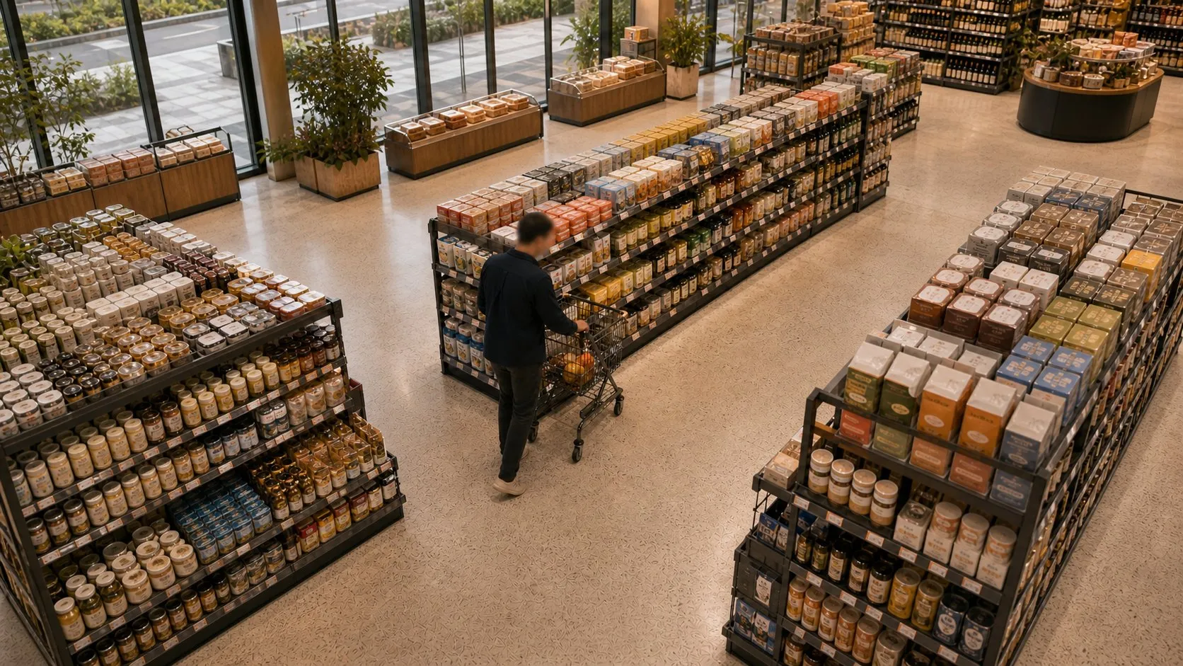 The same shopper again in a grocery aisle.