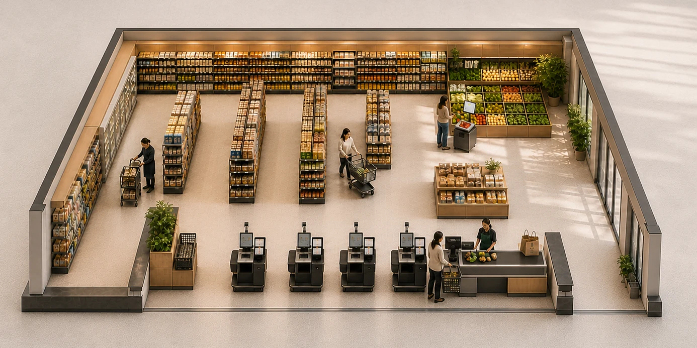 Cutaway view of a grocery store with self-checkout lanes in use.