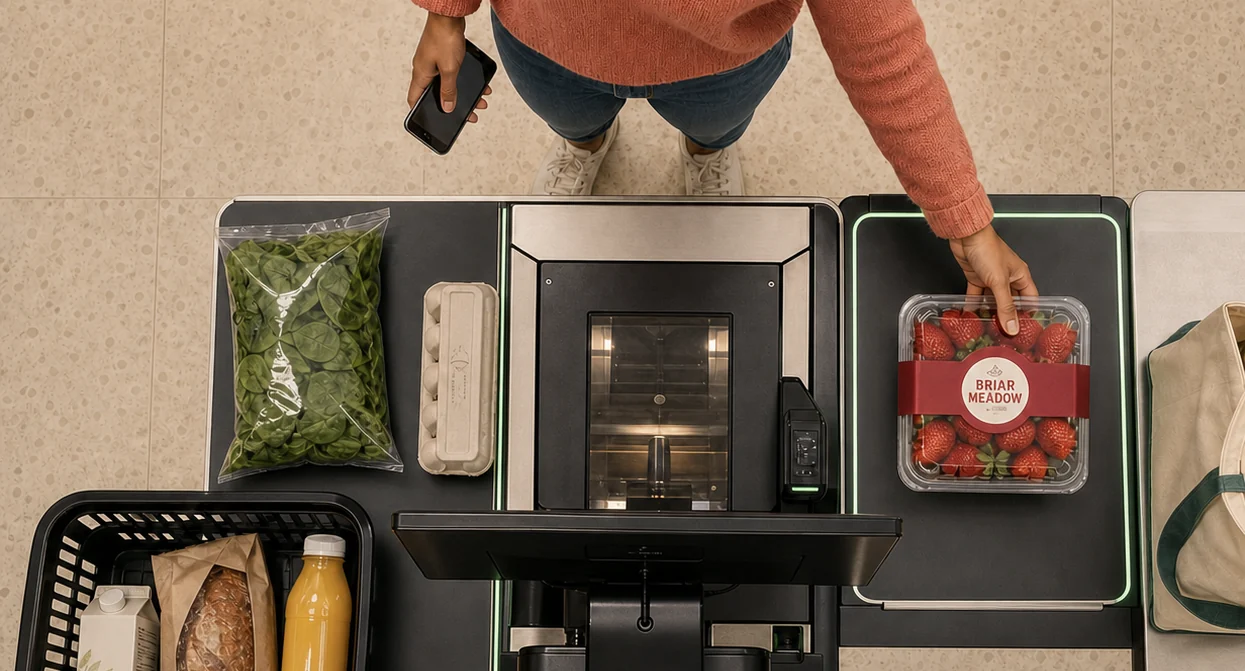 Overhead view of groceries at a self-checkout with items highlighted.
