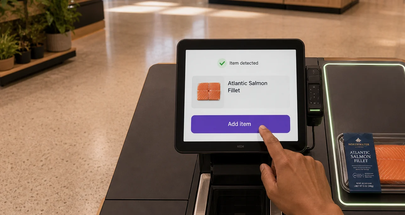 A self-checkout screen prompting the shopper to add a detected item.