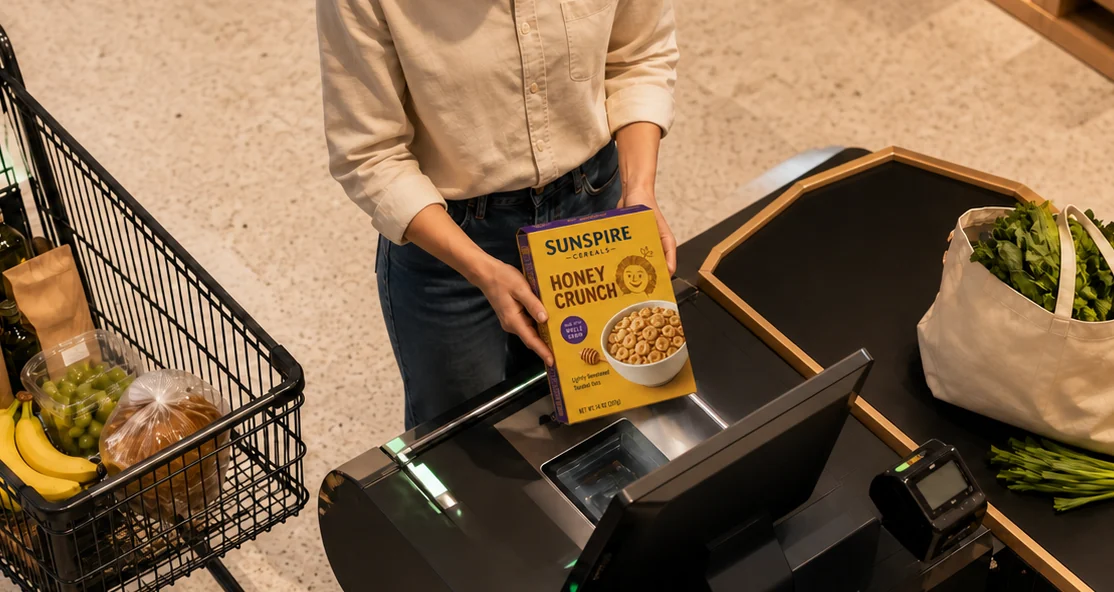 A shopper holding a cereal box over the scanner, with each lane zone labelled.