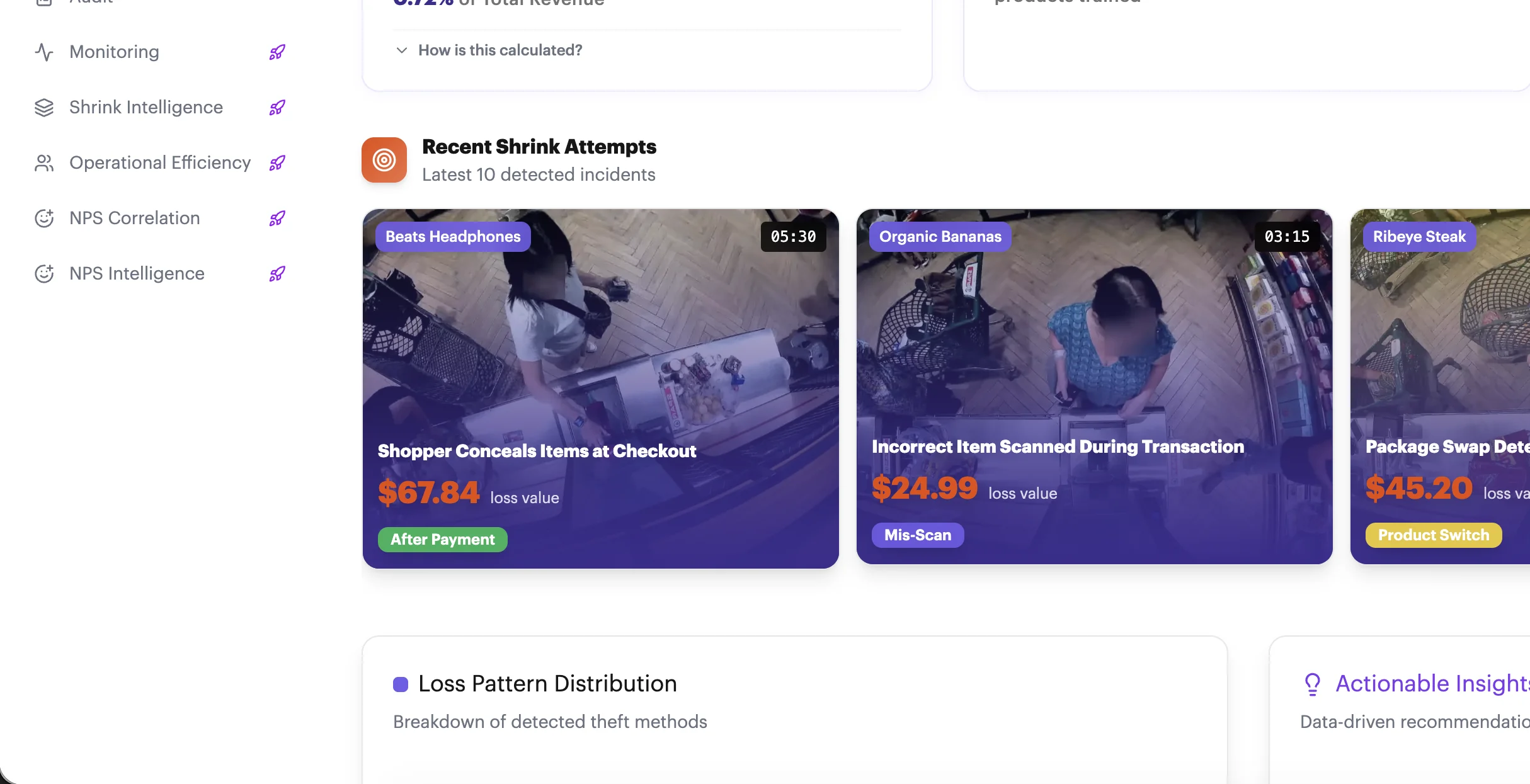 The Shopic portal showing recent shrink attempts and loss pattern distribution.