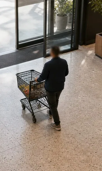 A shopper walking a trolley through the store entrance.