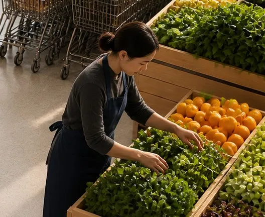 A store colleague restocking the produce shelves.