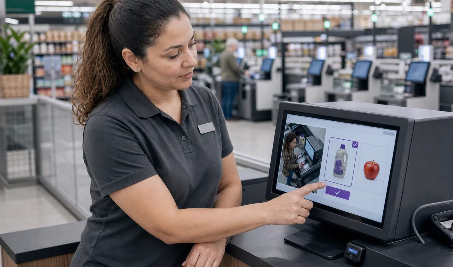 Store attendant checking an alert on a self-checkout screen