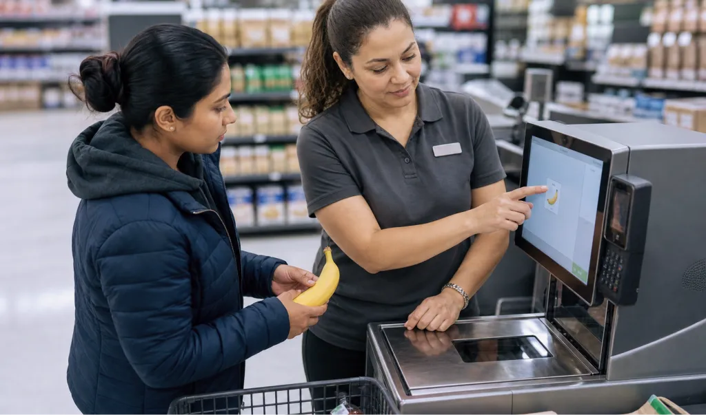 Store attendant stepping in at a self-checkout while a shopper holds a banana