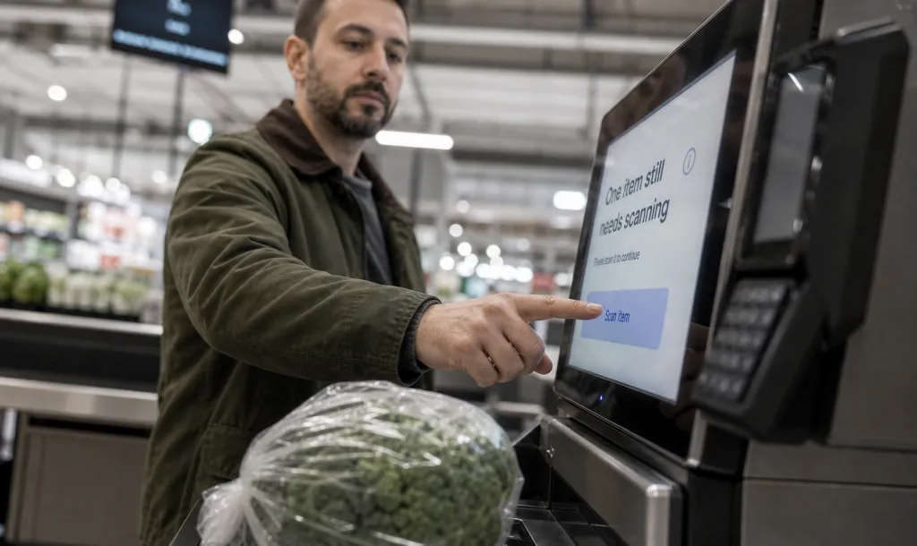 Shopper at a self-checkout tapping the screen to add a missed item