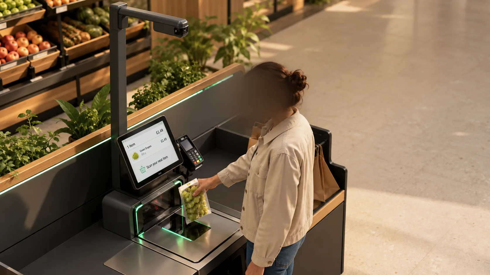 A shopper bagging an item at a self-checkout lane.