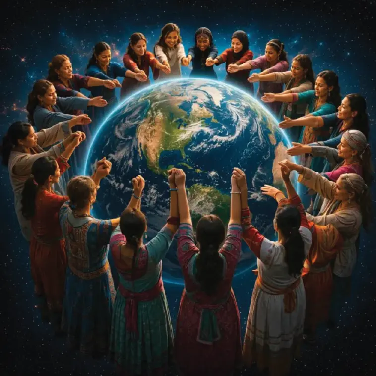 Women in traditional clothes standing in a circle around glowing Earth in space, linking hands above it.
