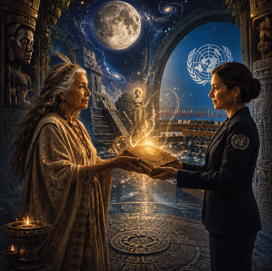 An elderly woman in ancient attire and a young woman in a UN uniform face each other holding a glowing ancient book with magical light, set in a mystical ancient stone chamber with a large moon, stars, and UN assembly hall in the background.