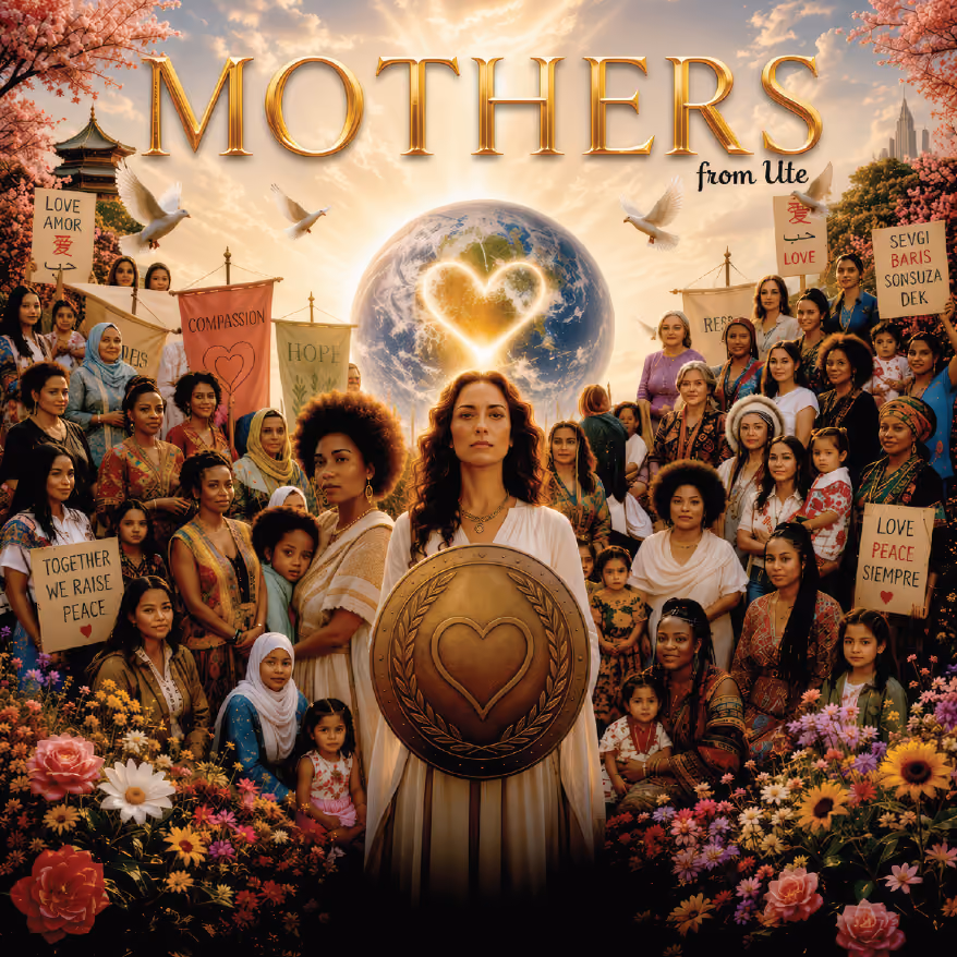 A diverse group of women and children surrounding a central woman holding a shield with a heart, standing before a glowing Earth with a heart shape and doves flying, with signs promoting love, peace, and compassion.